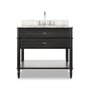 Toulouse single bathroom vanity with solid oak and veneer in satin black, Carrara marble top, and aged satin brass hardware
