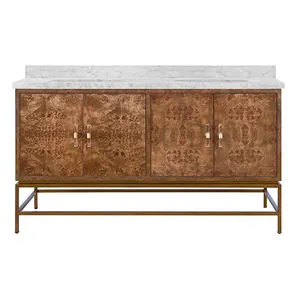 Clifford Bath Vanity with rich burl wood doors, marble countertop, and minimalist metal frame base