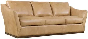 Fairfax Stationary Sofa in Dark Blond leather with three cushioned seats, flared arms, welt trim, and low wood plinth base.