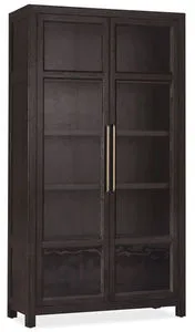 Tall Driftwood Display Cabinet in Burnt Timber finish with seeded glass doors and brass handles