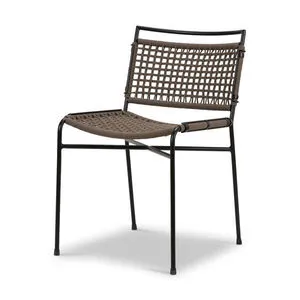 Outdoor dining chair with two-toned brown woven rope sling seat and back framed by black iron