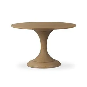 Round tulip dining table in light weathered oak veneer with clean turn pedestal base and step detailing