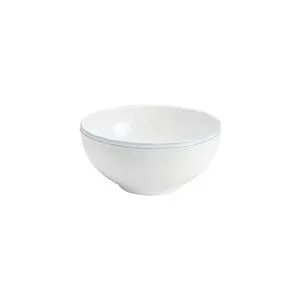 Small white stoneware serving bowl with a subtle gray rim, rounded shape and smooth finish