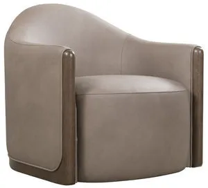 Cora Swivel Chair in Dante Sandhills leather with rounded back, wood-trimmed arm fronts, and smooth swivel base