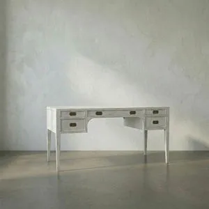 Africa White Wash Desk in colonial style with whitewashed mahogany wood and bright brass hardware on five drawers