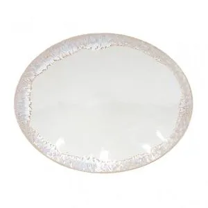 14.5-inch oval ceramic stoneware platter in classic white with textured beige rim