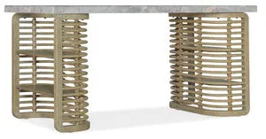 Surfrider writing desk with light natural pecan veneer, rope and cane accents, stone veneer top, and two fixed shelves on ...