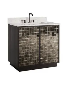 36-inch bathroom vanity with black mango wood frame, antique mosaic mirror tile doors, and Carrara marble top with rectang...