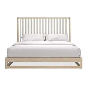 Pinstripe Slatted King Bed with light quarter sawn oak frame and vertical slat headboard, dressed in white bedding