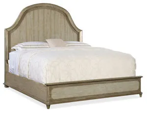 Lauro King-sized arched panel bed with textured hammered metal headboard wrap and oak veneer in soft taupe gray two-tone f...