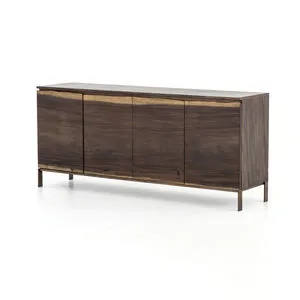 Live Hardwood Edge Sideboard with rich smoked saman wood and live edge detail, slim bronzed iron legs