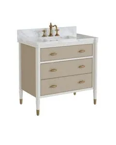 36-inch off-white bathroom vanity with rectangular undermount sink, marble top, antique brass faucets, and textured beige ...