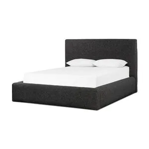 Quincy Lisbon Charcoal King Bed with padded, upholstered frame in dark boucle-like fabric and clean modern shape