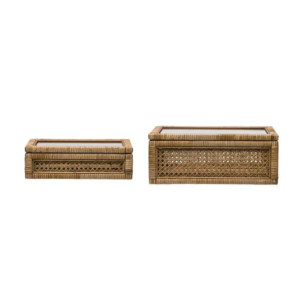 Product Image 2 for Mahira Rattan Boxes with Glass Lids, Set of 2 from Creative Co-Op