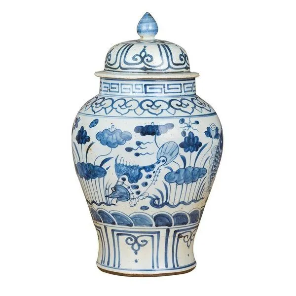 Product Image 2 for Blue & White Porcelain Temple Jar Fish Lotus Motif from Legend of Asia